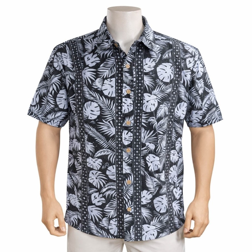 Cooke Street Hawaiian Aloha Shirt XL Tribal Symbols Floral Leaves Black Gray